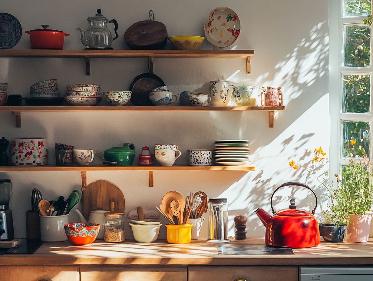 A collection of vintage kitchenware displayed as decor in a modern kitchen.