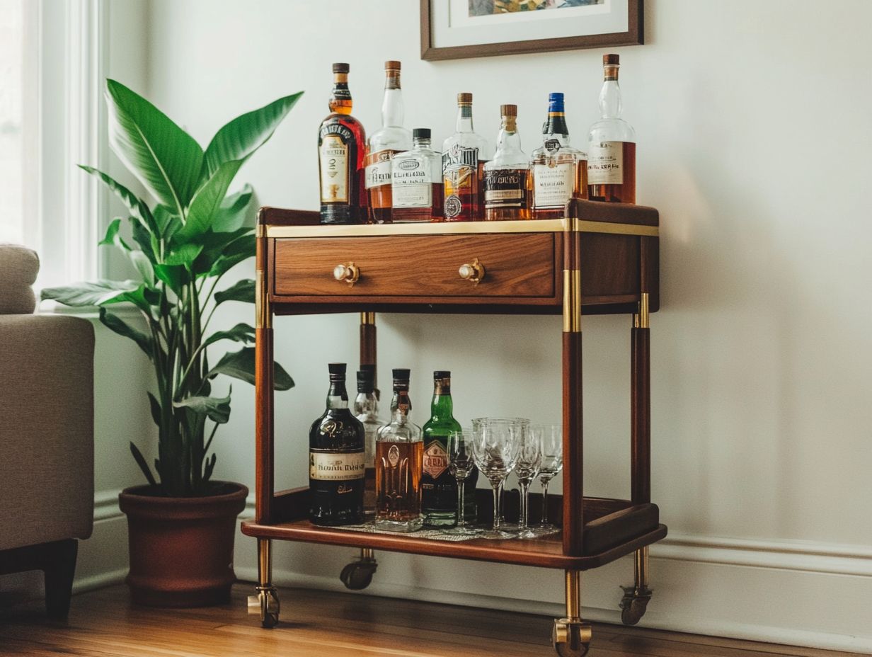 A stylishly arranged vintage bar cart with decorative accessories.