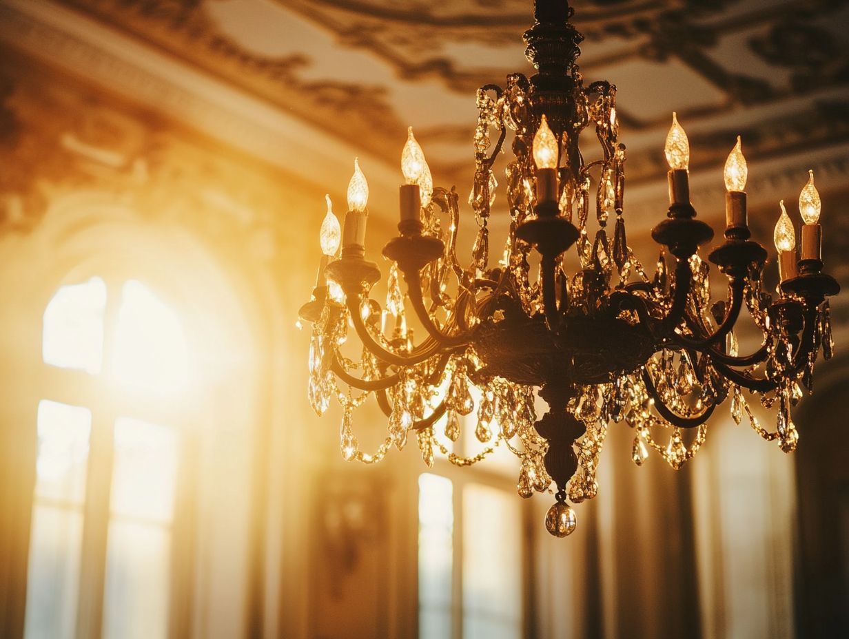 A stunning vintage chandelier illuminating a stylish high-ceiling dining room