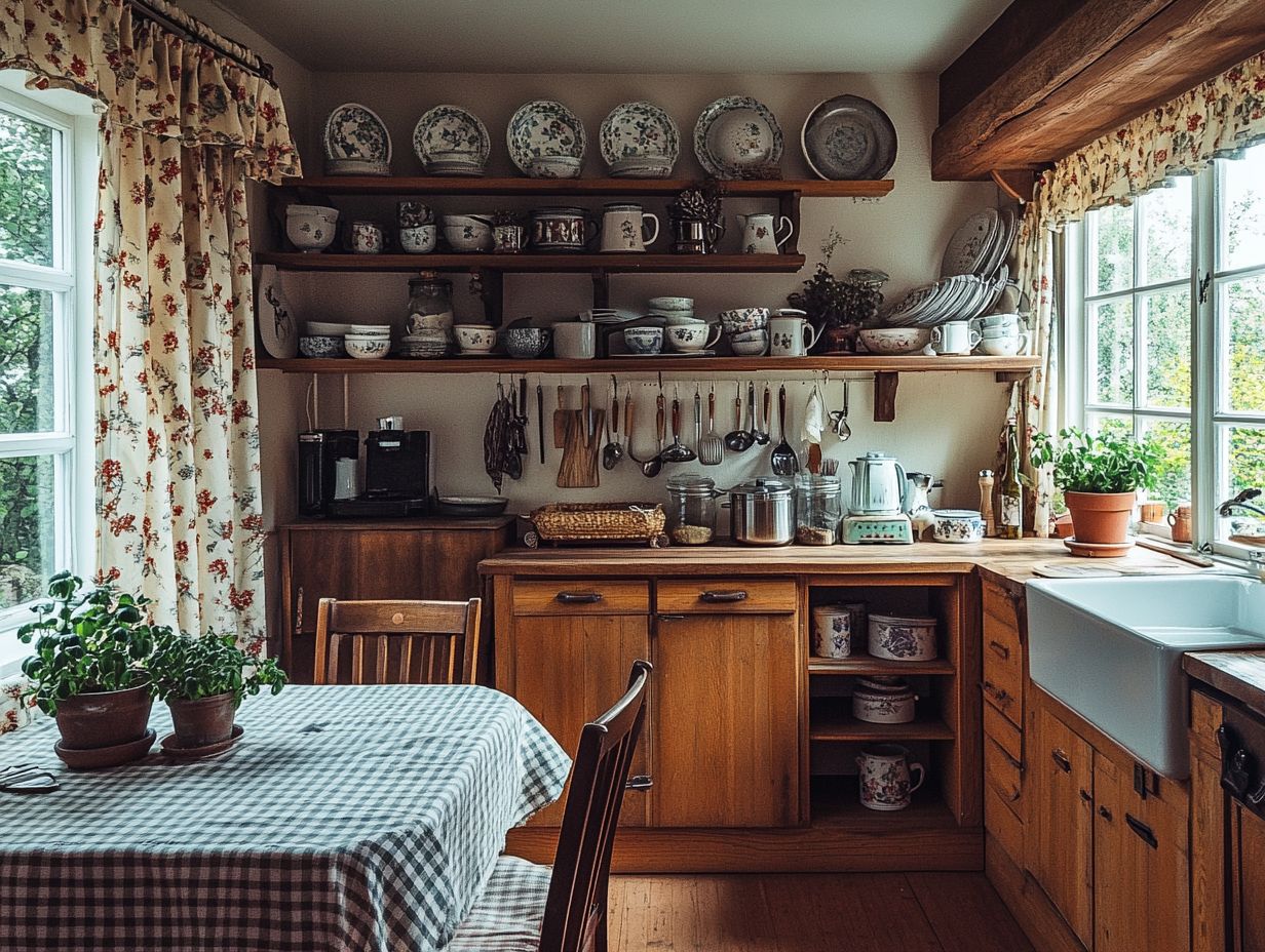 A collection of essential vintage decor elements for a cottage kitchen.