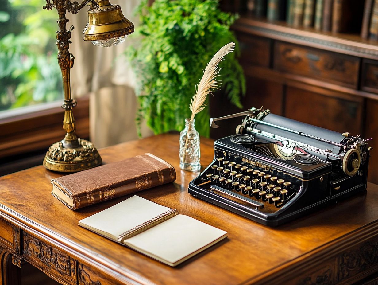 A collection of vintage desk accessories including a clock and typewriter.