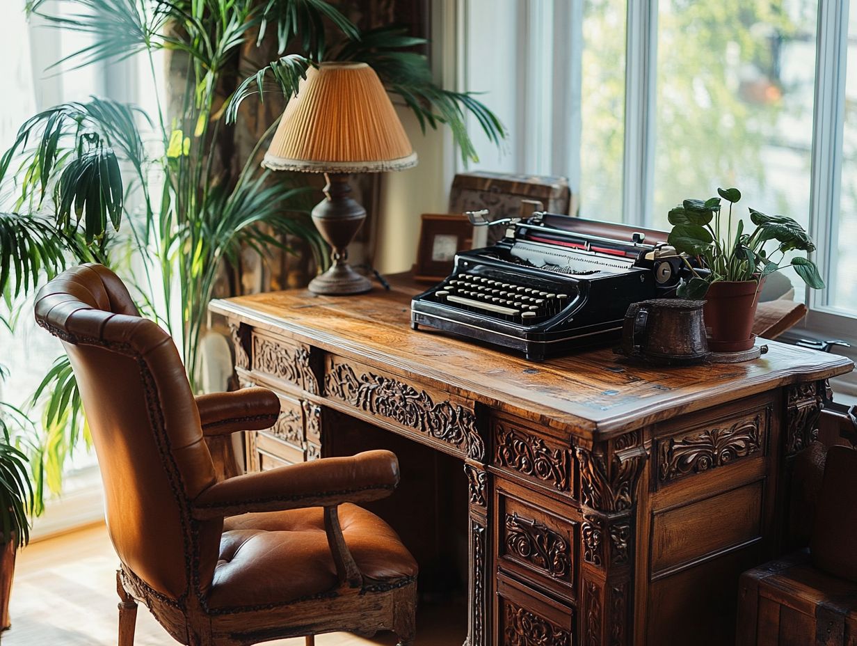 Vintage desk showcasing size, material, and style options