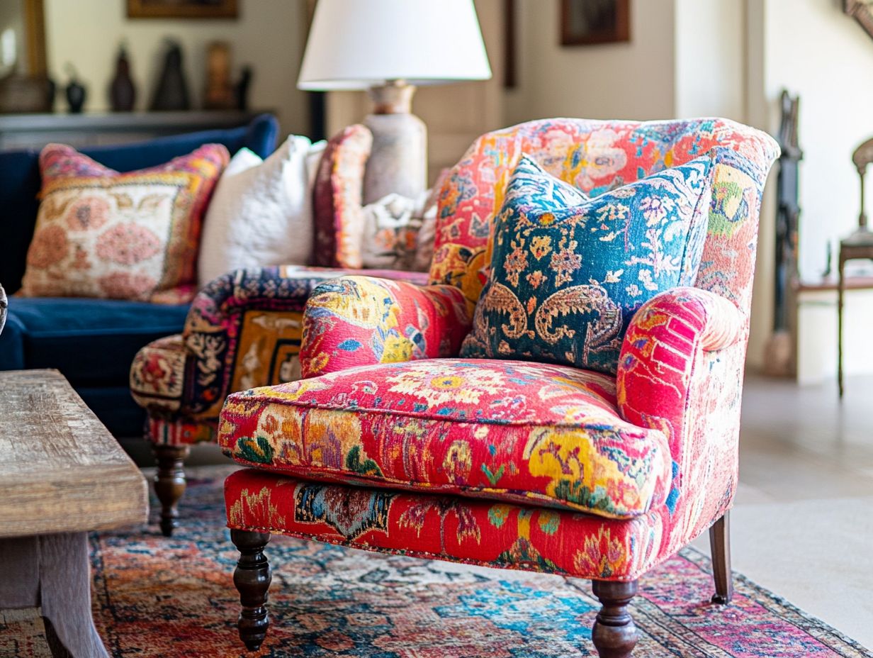 A collection of vintage upholstered chairs in an antique store