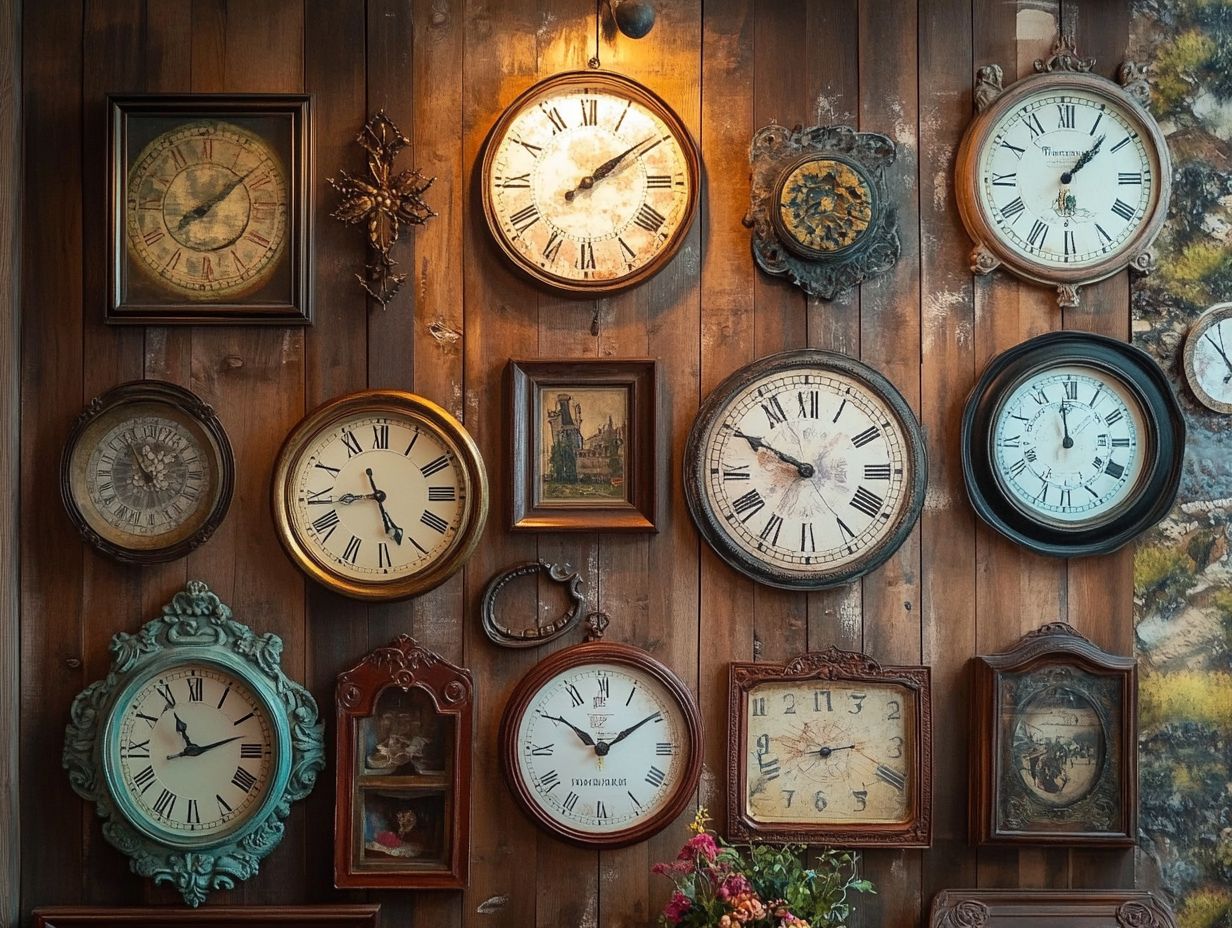 A collection of vintage wall clocks showcasing different styles, materials, and functionalities.