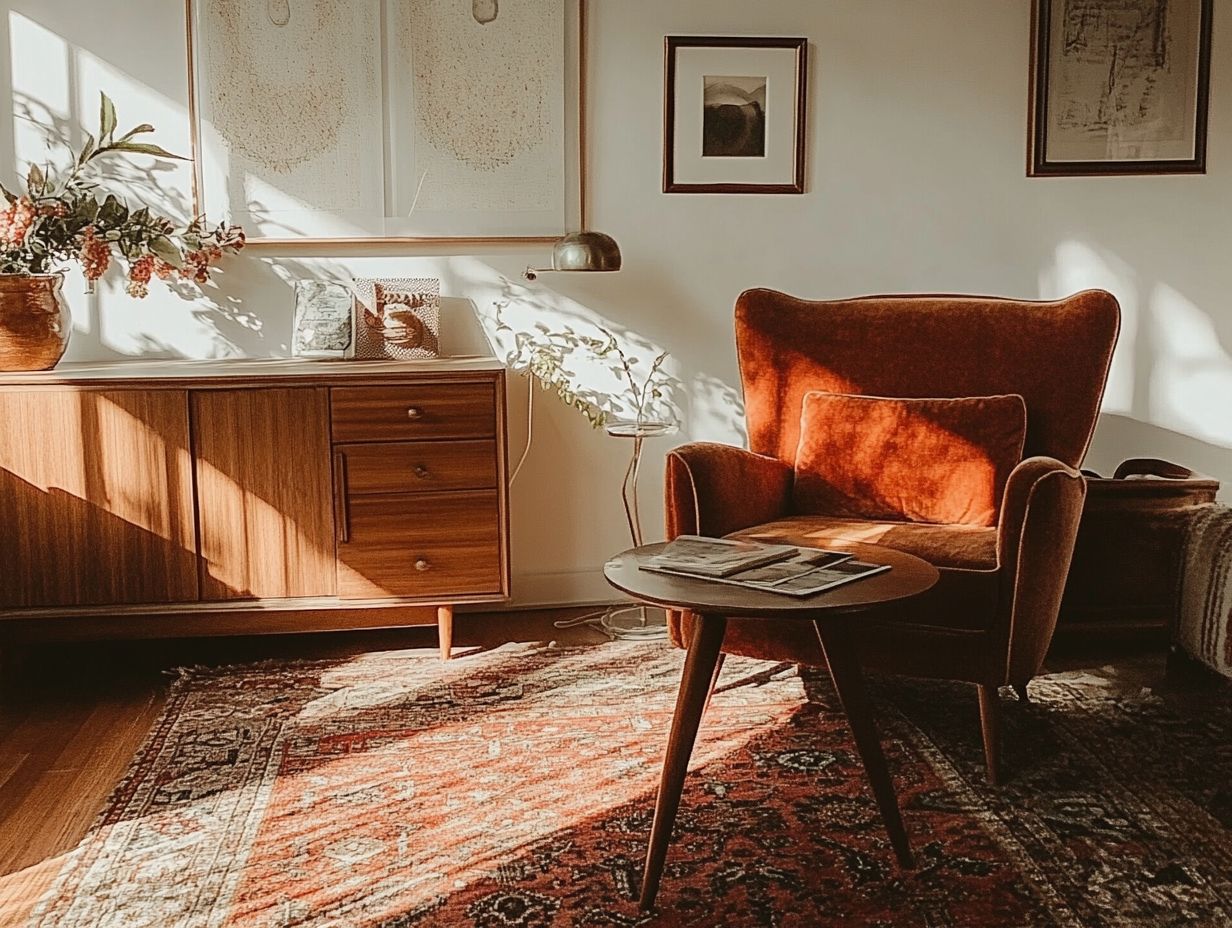 Stylish living room featuring vintage-inspired furniture replicas.